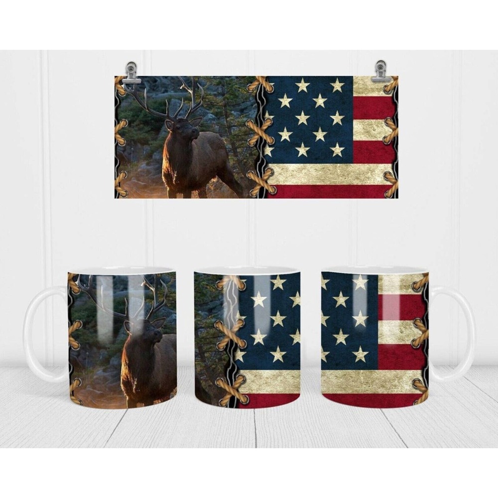 Coffee Mug Bull Elk, America Flag, Mug, Hunters Novelty Cup Gift For Men Him Dad